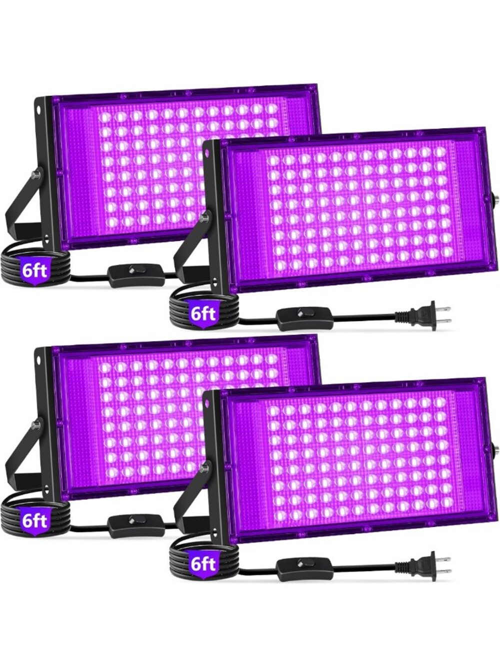 100W Waterproof LED Black Lights with Switch & Plug - 4 Pack for Parties